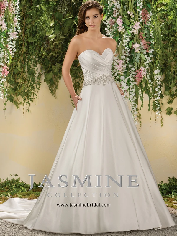 Front view Jasmine Bridal F181008 satin A-line wedding dress