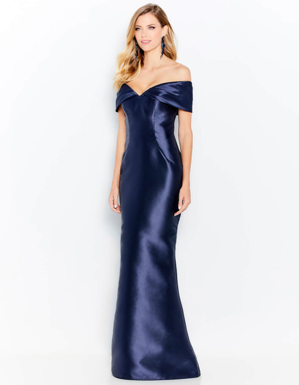 Elegant navy gown with off-shoulder pleated fold and figure-flattering silhouette
