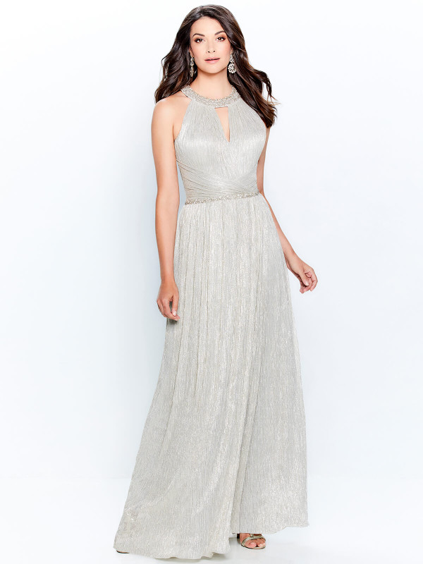 Front view of Montage 120901 metallic A-line mother of the groom dress with halter neckline