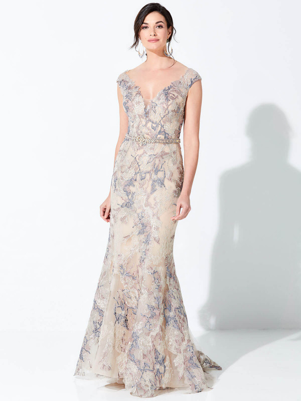 Front view of Ivonne D 220D23 beige multi lace fit-and-flare mother dress
