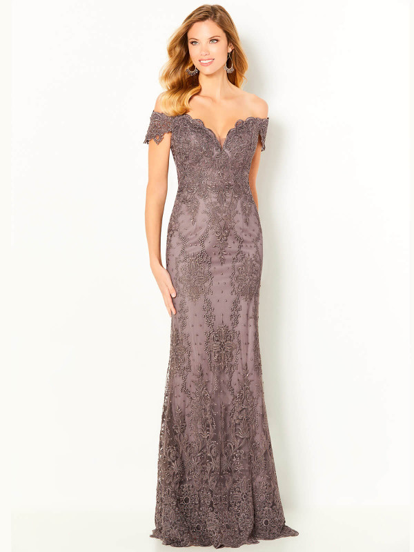 Mocha gown with off-shoulder scalloped lace and tonal beaded embroidery throughout
