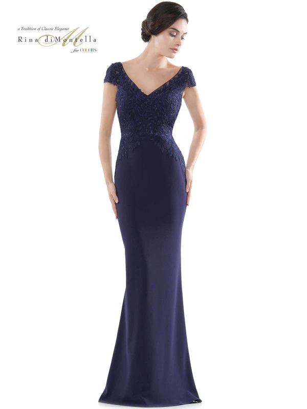 Rina di Montella RD2718 navy gown with embroidered lace bodice
