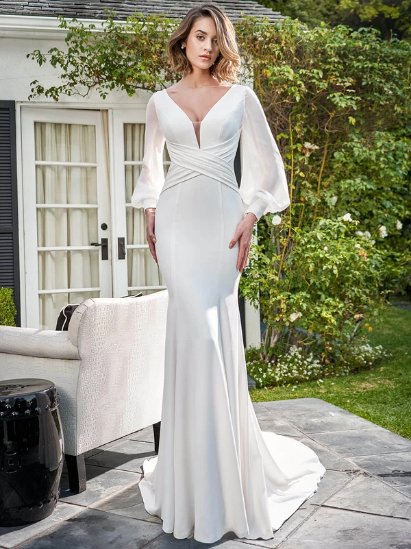 Front view Jasmine Bridal F221055 V-neck crepe wedding dress with bishop sleeves