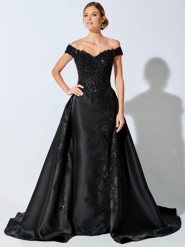 Front view of Ivonne D 221D51 black Mikado mother dress with detachable overskirt