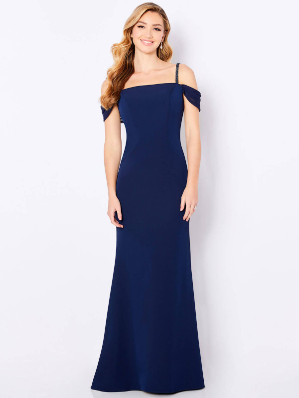 Navy gown with square neckline, beaded straps, and off-shoulder draped sleeves Navy gown with square neckline, beaded straps, and off-shoulder draped sleeves