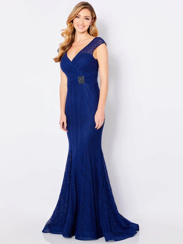 Front view of navy Cameron Blake 221696 lace mother of the bride dress