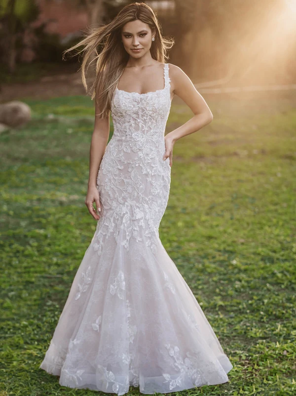 Front view of Allure Bridals 9950 square neck lace wedding dress