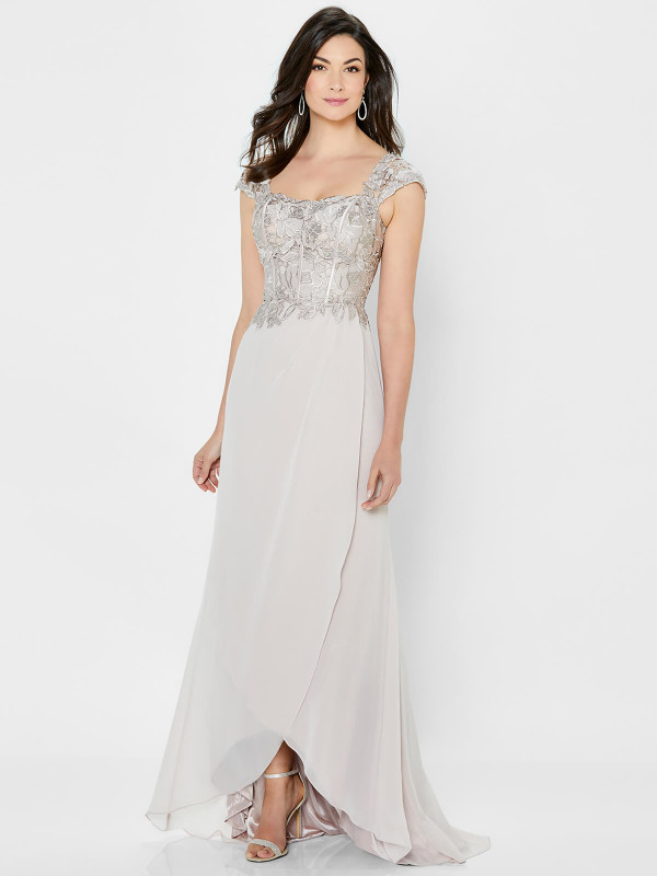 Front view of Montage 122905 mink chiffon mother of the bride dress with lace bodice