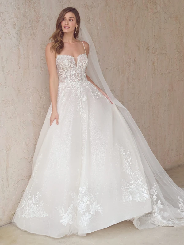 Maggie Sottero Casey wedding gown front view ball gown lace over glitter tulle with illusion plunge neckline