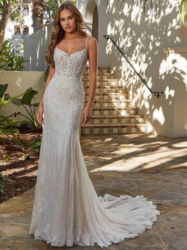 Front view of Morilee Mona 2542 Chantilly lace fit and flare wedding dress