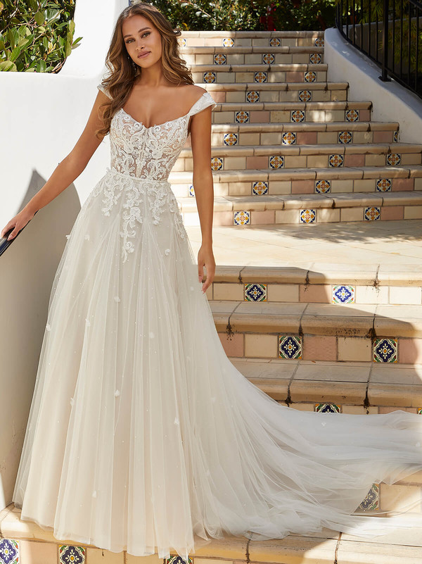 Front view of Morilee Marguerite 2545 A-line lace wedding dress