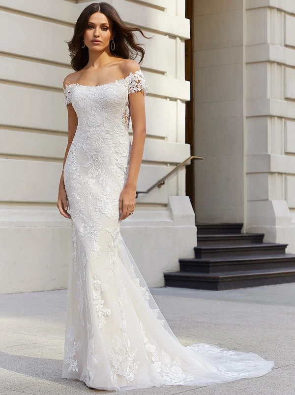 Front view of Morilee Jane 4110 off-the-shoulder lace wedding dress