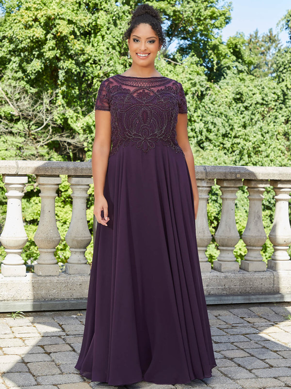 Front view of eggplant Morilee 71824 plus size mother dress with illusion neckline