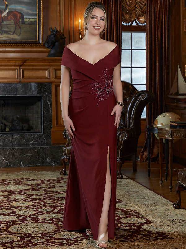 Front view of wine Morilee 72406 plus size mother dress with front slit