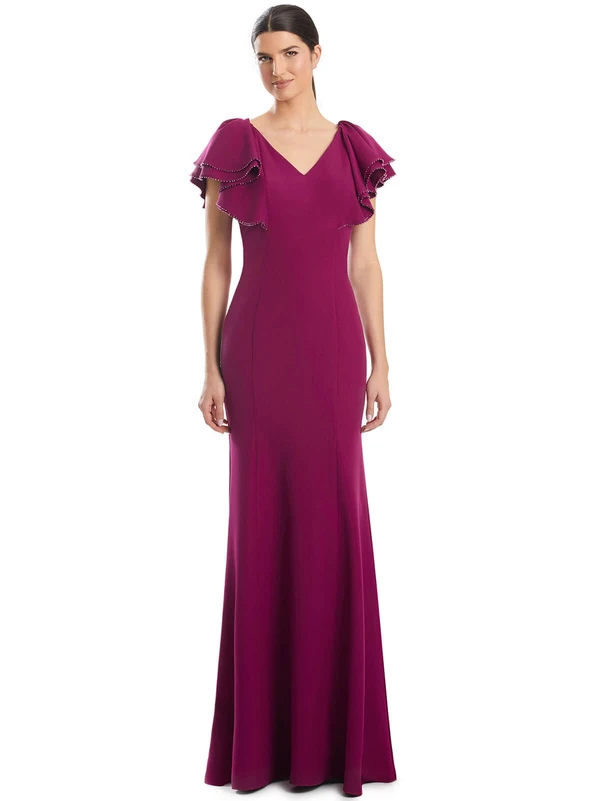 Rich berry gown features sculptural flutter sleeves and timeless silhouette