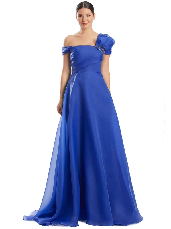 Royal blue organza gown featuring a sculpted one-shoulder sleeve and dazzling shoulder embellishment