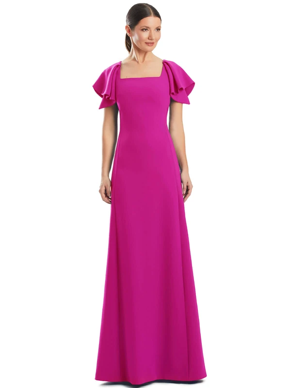 Bright fuchsia gown with flutter sleeves and structured square neckline