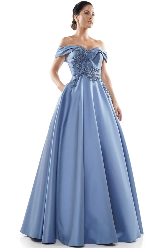 Front view Marsoni MV1008 slate blue Mikado mother of the bride dress