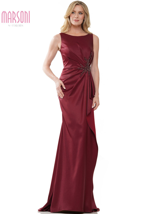 Front view of Marsoni MV1233 wine stretch faille mother of the bride gown