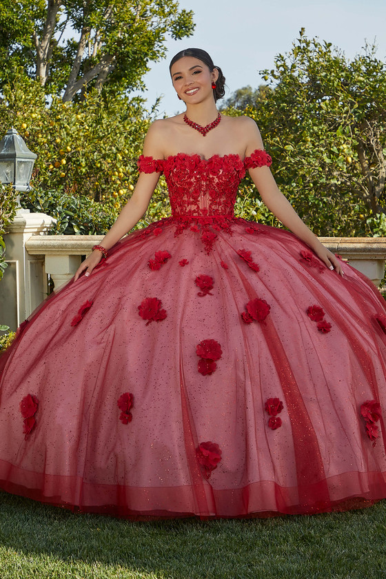 Sangria Blush ball gown with floral embroidery and sparkle tulle