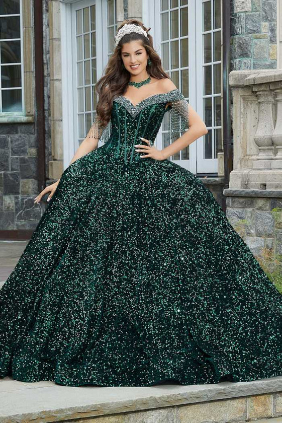 Emerald sequin velvet ball gown with crystal beaded neckline