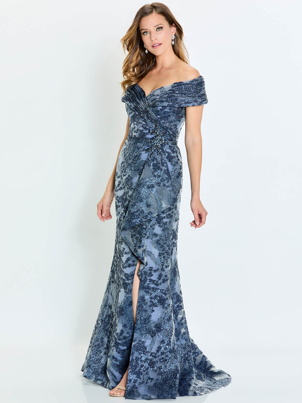 Front view of Montage M524 navy textured organza mother of the bride dress with slit