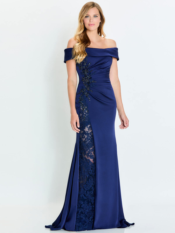 Front view of Montage M535 navy stretch crepe mother of the bride dress with lace inset