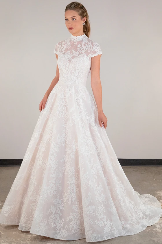 Front view Essense of Australia D4028 high neck lace wedding dress