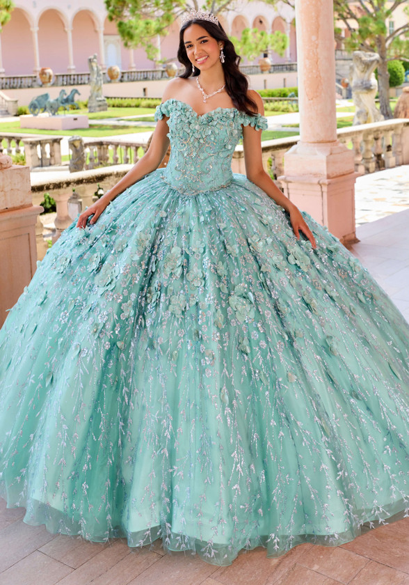 Sage light-up ball gown with three-dimensional floral appliqués