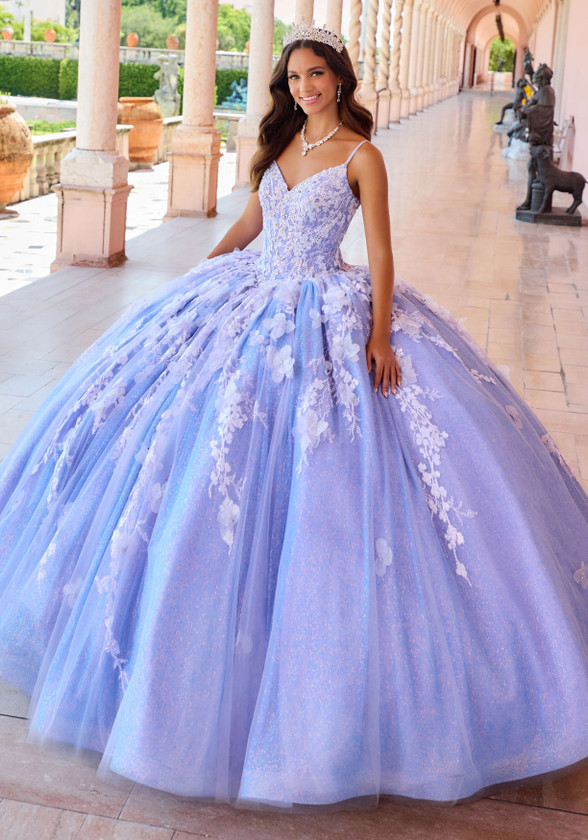Lavender ball gown with floral appliqué and shimmering tulle