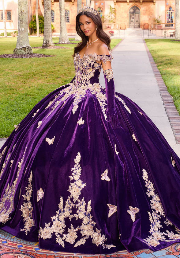 Dark Purple Gold velvet ball gown with butterfly appliqués