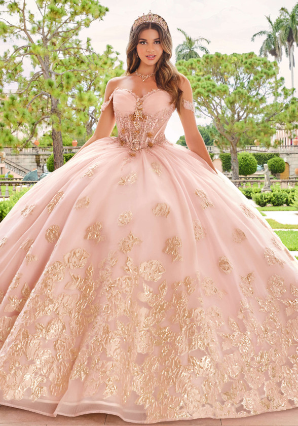 Blush Gold brocade ball gown with sweetheart neckline