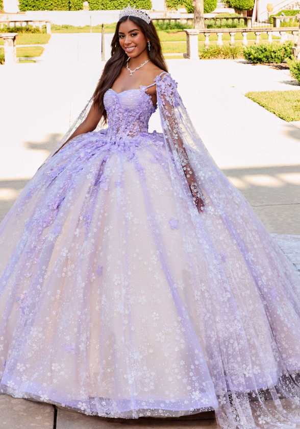 Lilac Champagne ball gown with floral appliqué and shoulder cape