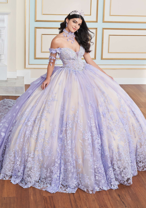 Lavender Champagne ball gown with floral appliqué and glitter sparkle