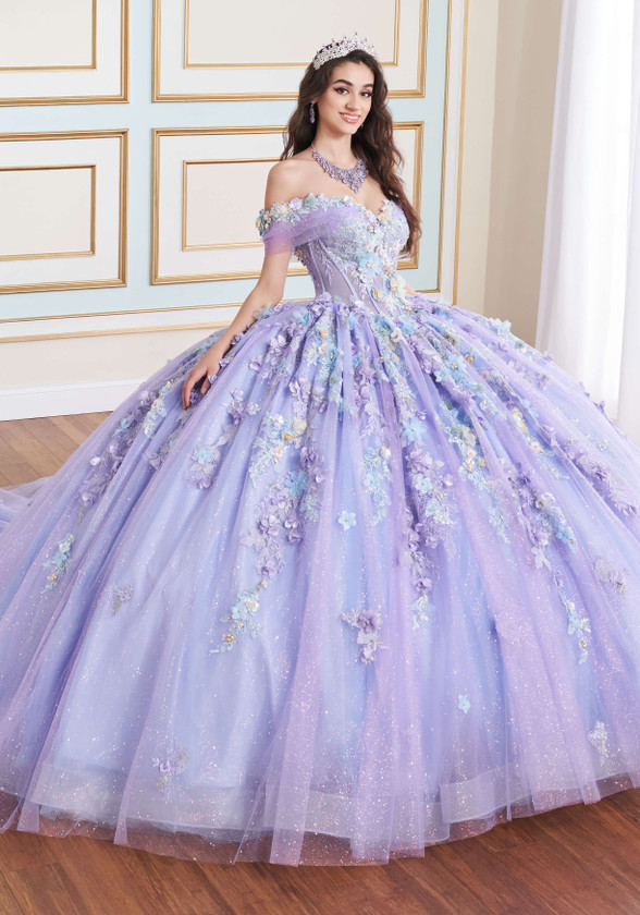 Orchid ball gown with 3D floral appliqué and glitter tulle