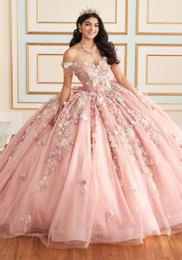 Garden Rose ball gown with dimensional floral appliqué details