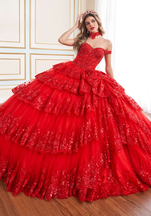 Scarlet red ball gown with embroidered tulle and sweetheart neckline