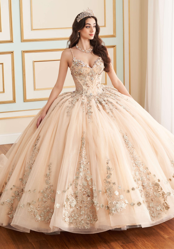 Front view of glitter tulle ball gown with sweetheart neckline