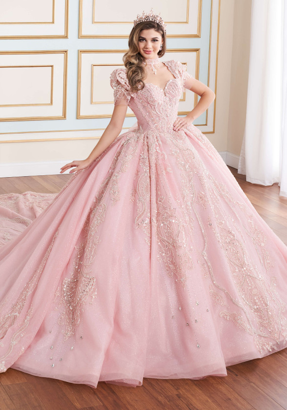 Blush ball gown with beaded bodice and cap sleeves, front