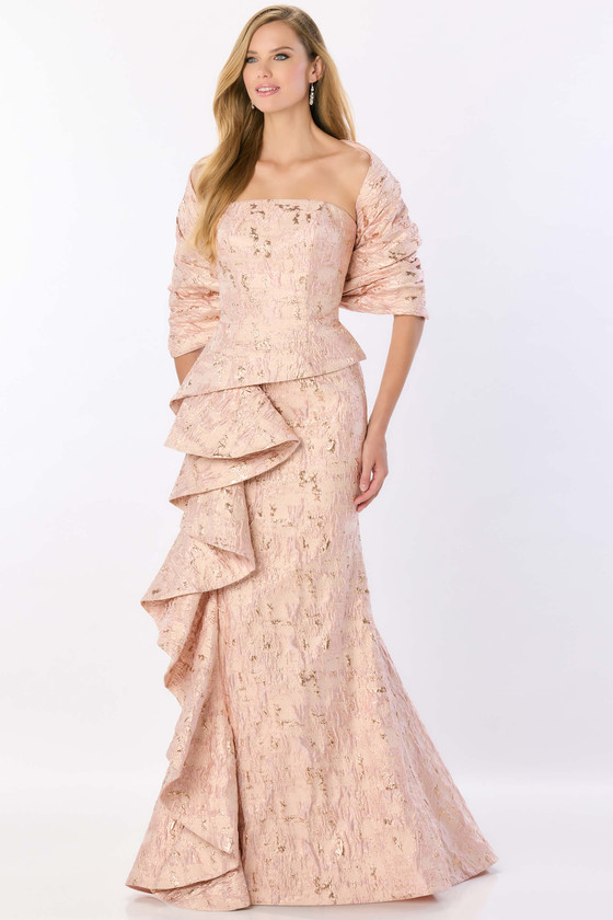 Front view of Montage M2225 rose and gold brocade mother dress with matching shawl