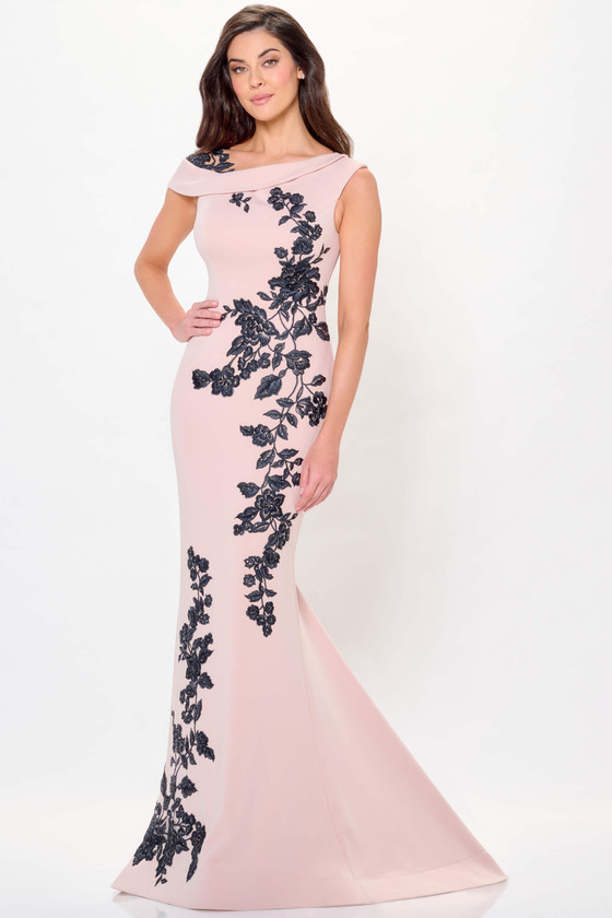 Front view of Blush/Black Montage M901 mother dress with floral appliqué