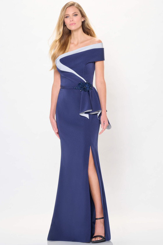 Front view of Navy/Silver Montage M902 mother dress with contrast trim and front slit
