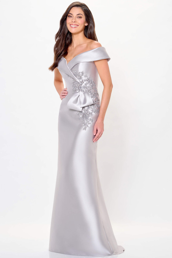 Front view of Silver Montage M904 Mikado mother dress with floral waist detail