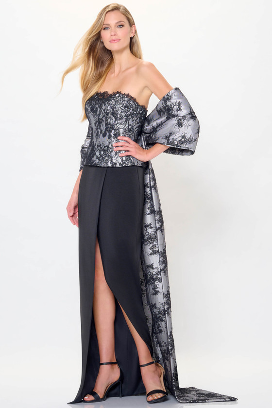Front view of Black/Silver Montage M908 mother dress with detachable bow and side slit