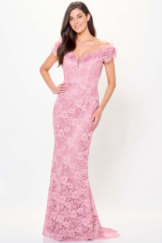 Front view of Rose Montage M917 lace mother dress with off-the-shoulder ruffle straps