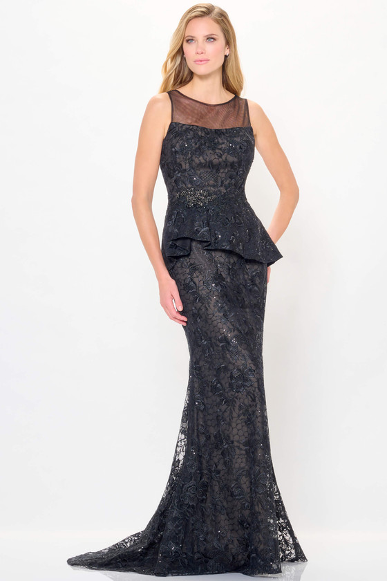 Front view of onyx Ivonne D ID6206 embroidered lace mother of the bride dress with peplum waist