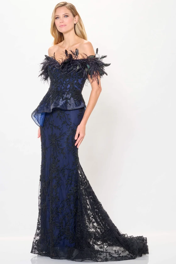 Front view of midnight Ivonne D ID6208 lace mother of the bride dress with feather sleeves
