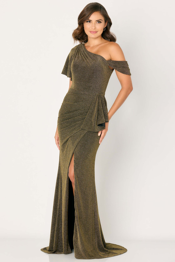 Glittering gown with asymmetrical neckline and sculpted draped hip