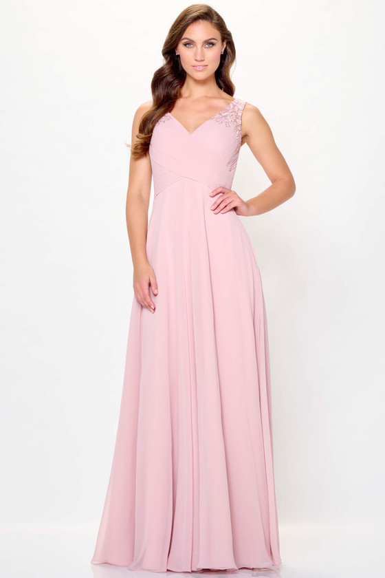 Blush A-line gown with lace shoulder appliqué and softly gathered chiffon skirt
