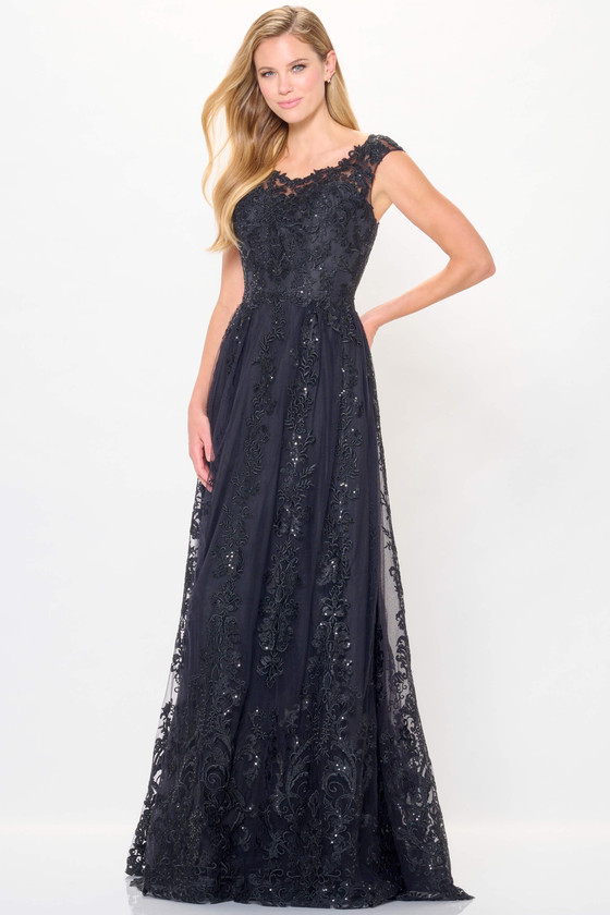 Front view of black Cameron Blake CB3240 lace A-line mother of the bride dress